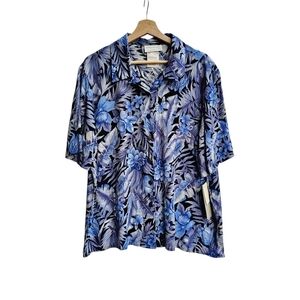 Vintage Blue and White Tropical Leaf Floral Button Up Blouse Semisheer XL NOS